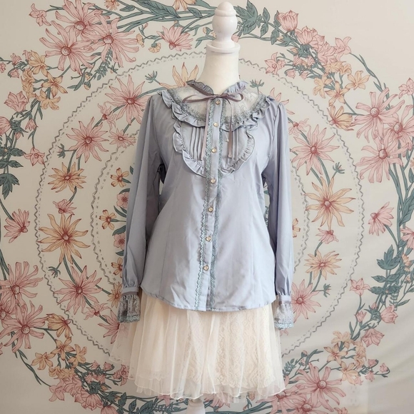 Axes Femme Tops - Axes Femme blue ruffle lace blouse coquette dolly jirai kei dollette shoujo